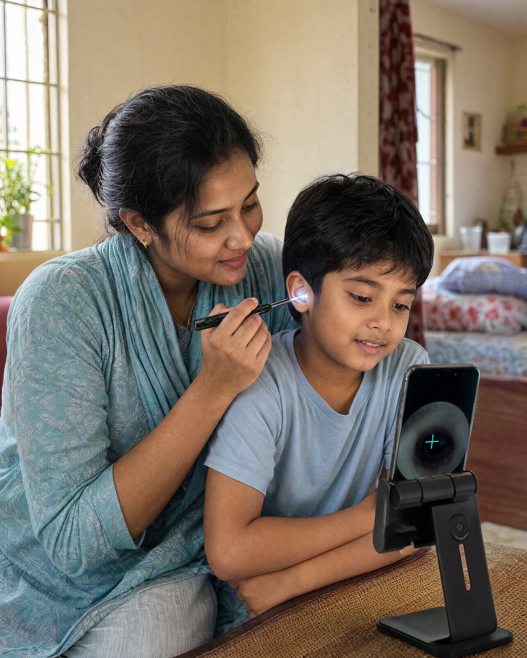 Mother and child using the earCam